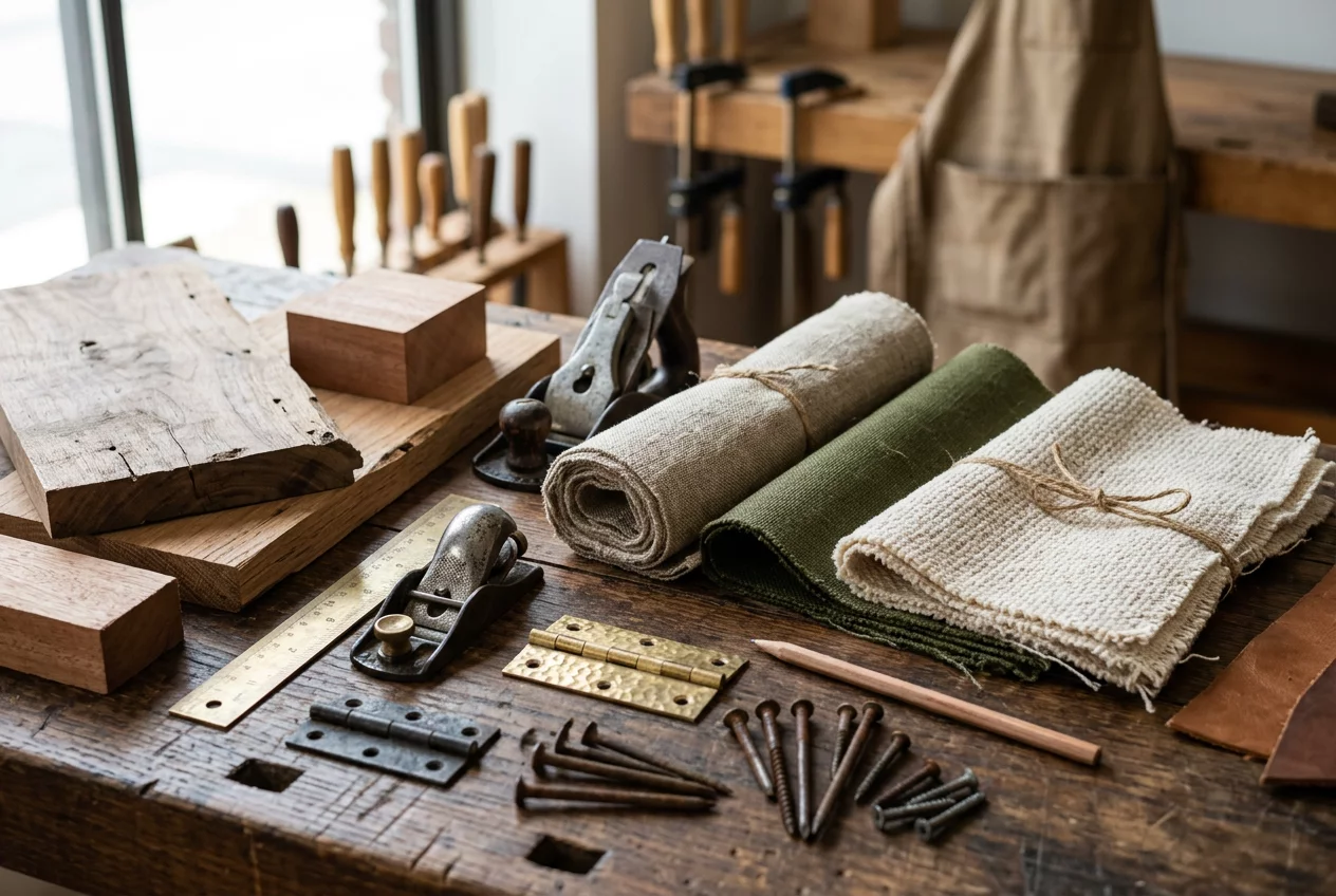 Close up of high quality wood, metal and fabric materials used in Noctrarats furniture